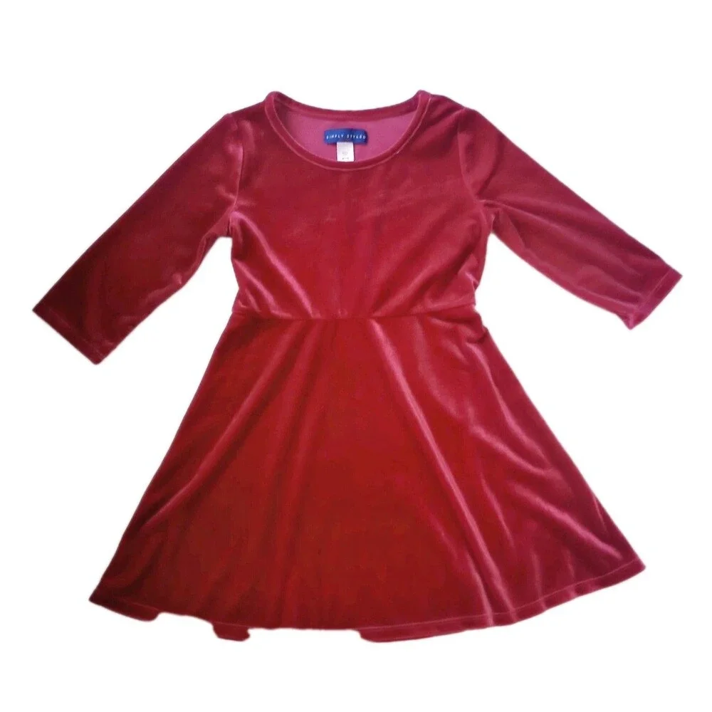 Simply Styled Crushed Red Velour Velvet 3/4 Sleeve Dress sz M 7/8 Girl Valentine